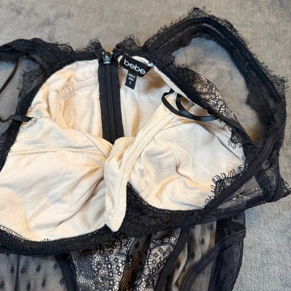 bebe Lace Mesh Bodycon Mini Dress Womens Small Black Beige Eyelash Trim Vintage - Picture 6 of 11